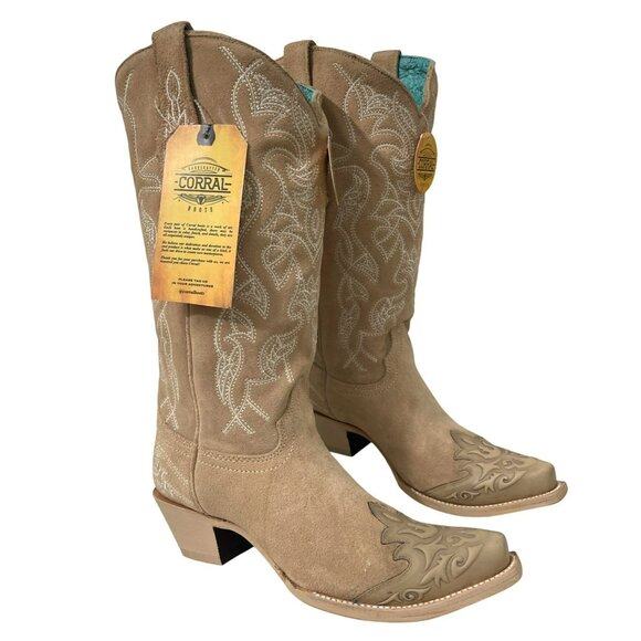 Corral Shoes - Corral Womens Tan Suede Embroidered Western Cowboy Boots  Size 8.5
